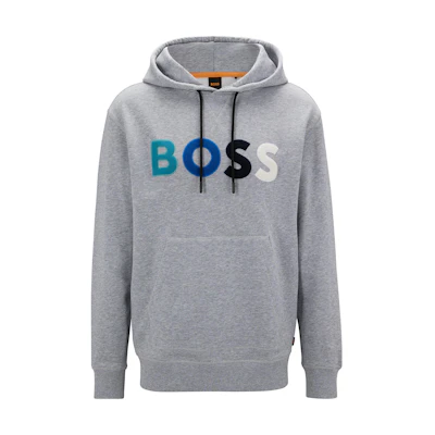 HUGO BOSS FW22 Logo Print Drawstring Hoodie Gray Long Sleeve Sweatshirt 50477047-072