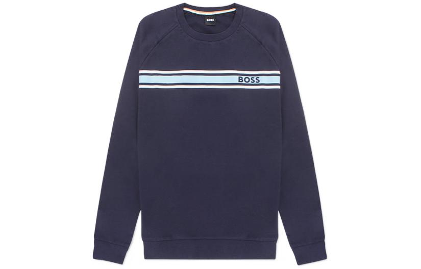 HUGO BOSS FW22 Logo Striped Print Crewneck Sweatshirt Navy Blue () 50473032-403
