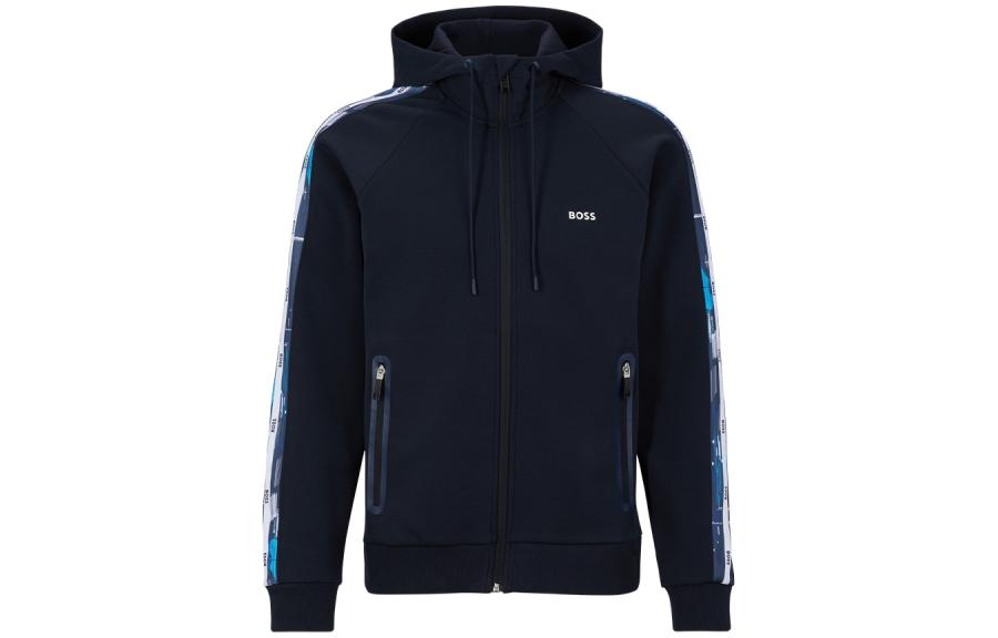 HUGO BOSS FW22 Navy Letter Print Zip-Up Hoodie with Drawstrings 50489113-402