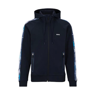 HUGO BOSS FW22 Navy Letter Print Zip-Up Hoodie with Drawstrings 50489113-402