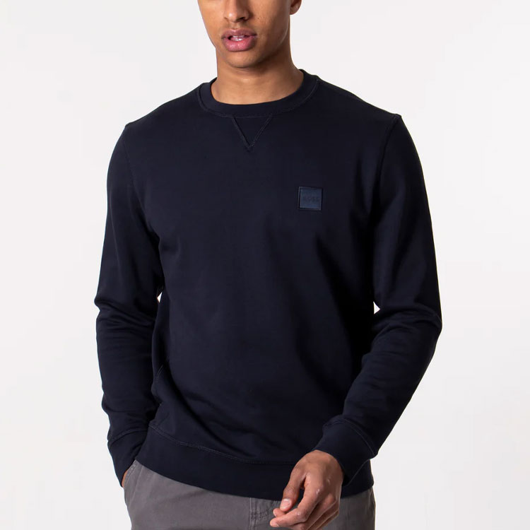 Shop HUGO BOSS FW22 Logo Patch Crewneck Navy Sweatshirt Relaxed Fit Lelaki 50468443-404