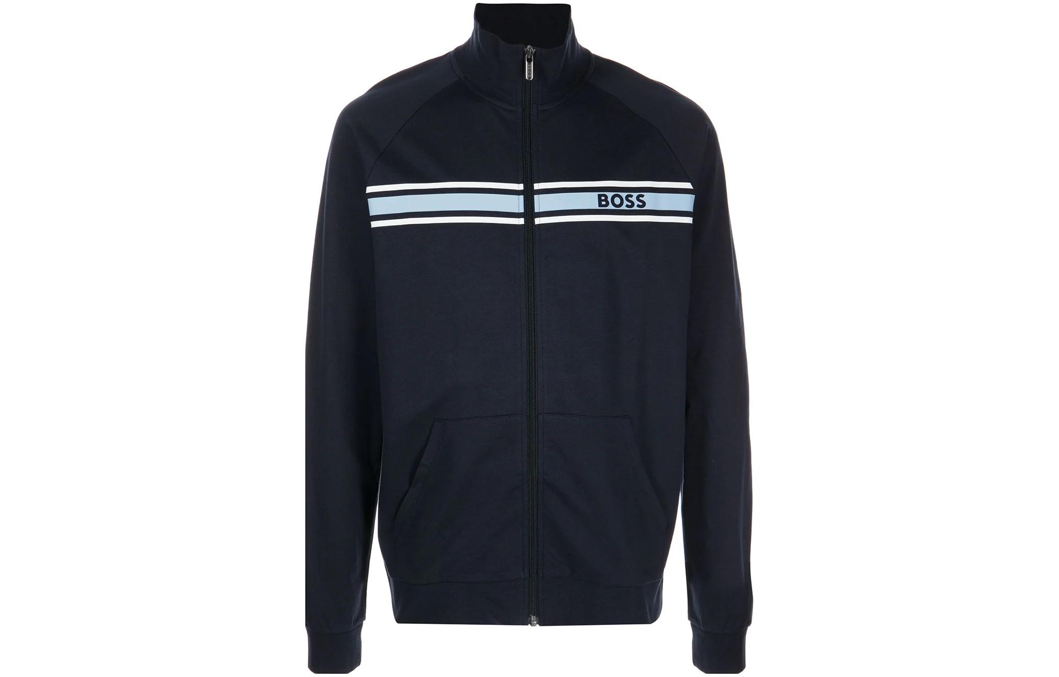 HUGO BOSS FW22 Striped Logo Collarless Jacket Navy Blue Outerwear 50473429-403