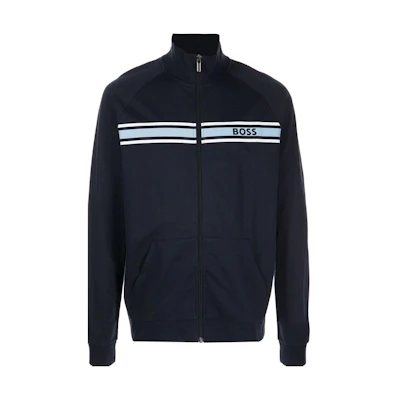 HUGO BOSS FW22 Striped Logo Collarless Jacket Navy Blue Outerwear 50473429-403