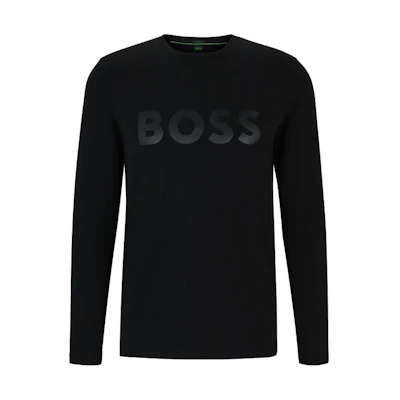 HUGO BOSS FW23 Black Crewneck Long Sleeve Tee with Logo Print. 50507027-001