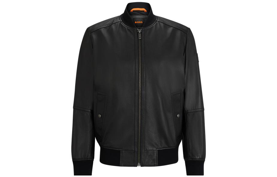 Order HUGO BOSS FW23 黑色皮革棒球領夾克外套. 50498511-001