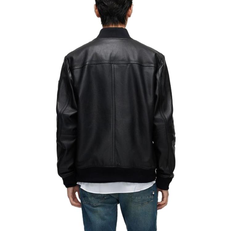 Shop HUGO BOSS FW23 黑色皮革棒球領夾克外套. 50498511-001