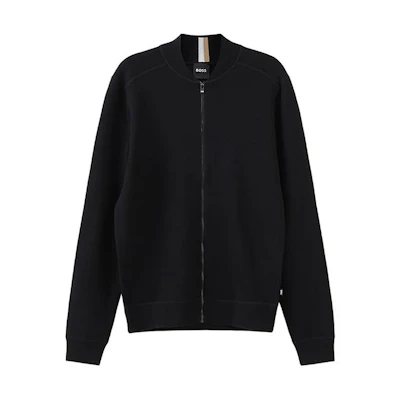 HUGO BOSS FW23 Black Solid Knit Crewneck Zip-Up Long-Sleeve Sweater. 50495388-001