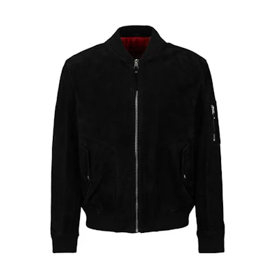 HUGO BOSS FW23 Black Stand Collar Zip-Up Leather Jacket. 50496616-001