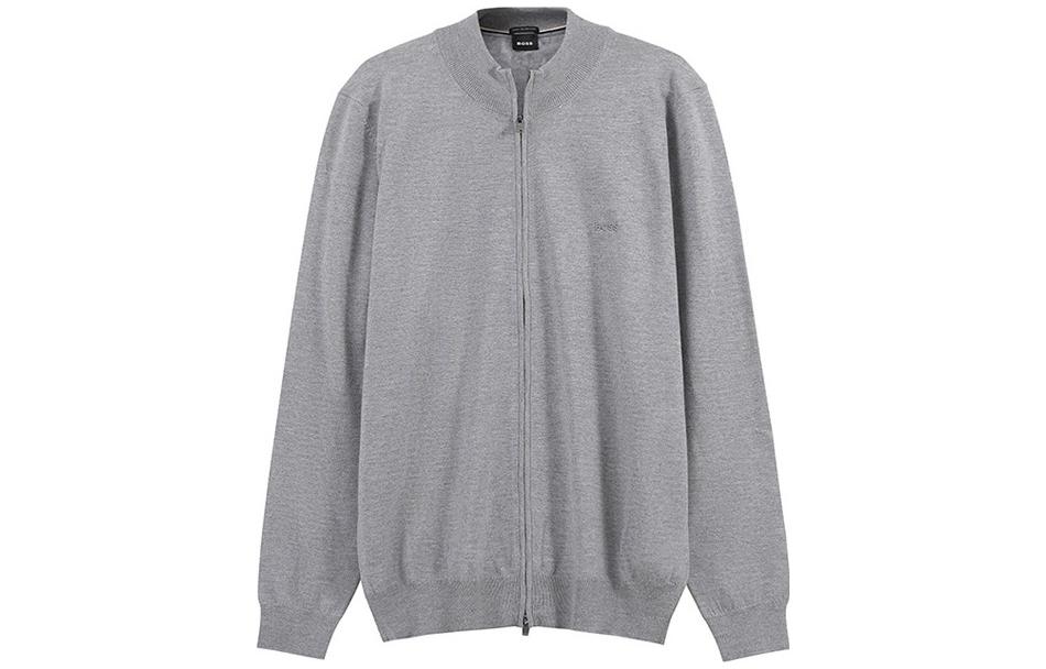 HUGO BOSS FW23  Grey Knit Pullover with Logo Embroidery and Zip. 50476347-041