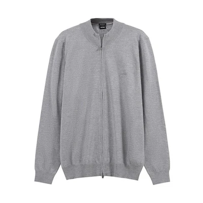 HUGO BOSS FW23 Grey Knit Pullover with Logo Embroidery and Zip. 50476347-041