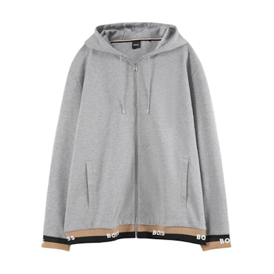 HUGO BOSS FW23 Grey Letter Print Zip Hoodie Casual Sweatshirt. 50481761-041