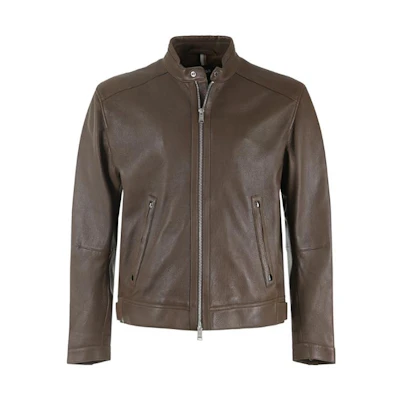 HUGO BOSS FW23 Solid Color Casual Leather Jacket with Stand Collar 50493935-361