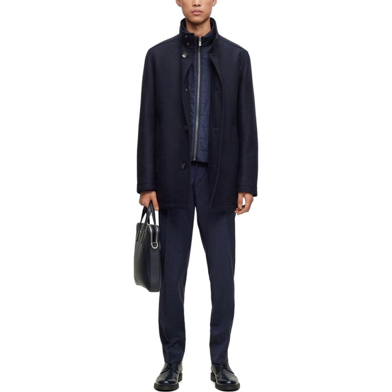 Lookbook HUGO BOSS FW23 海軍藍單排扣短款大衣. 50512816-404