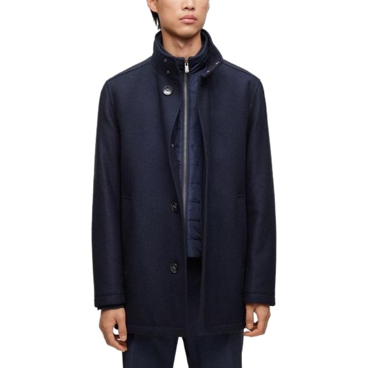 Shop HUGO BOSS FW23 海軍藍單排扣短款大衣. 50512816-404