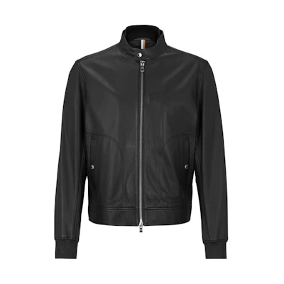 HUGO BOSS FW23 Solid Color Zip-Up Leather Jacket with Stand Collar. 50494120-001