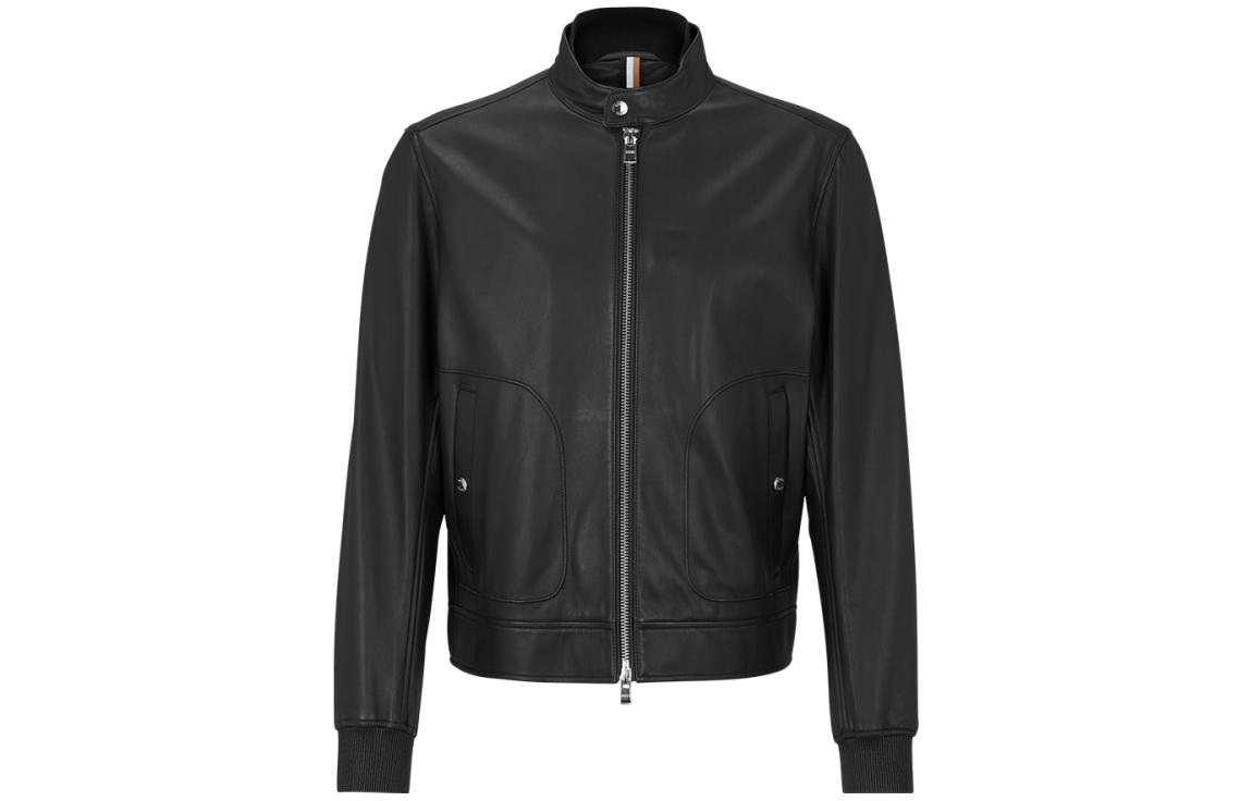 HUGO BOSS FW23  Solid Color Zip-Up Leather Jacket with Stand Collar. 50494120-001 圖 2