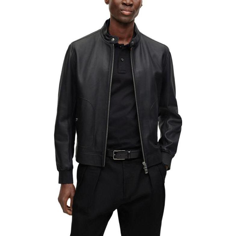 HUGO BOSS FW23  Solid Color Zip-Up Leather Jacket with Stand Collar. 50494120-001 圖 4
