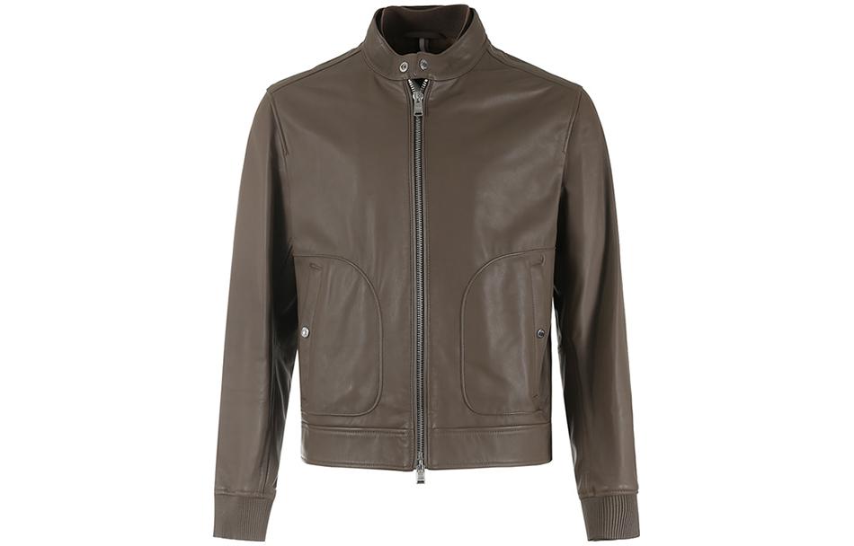 HUGO BOSS FW23  Solid Color Zip-Up Leather Jacket with Stand Collar. 50494120-001 圖 6