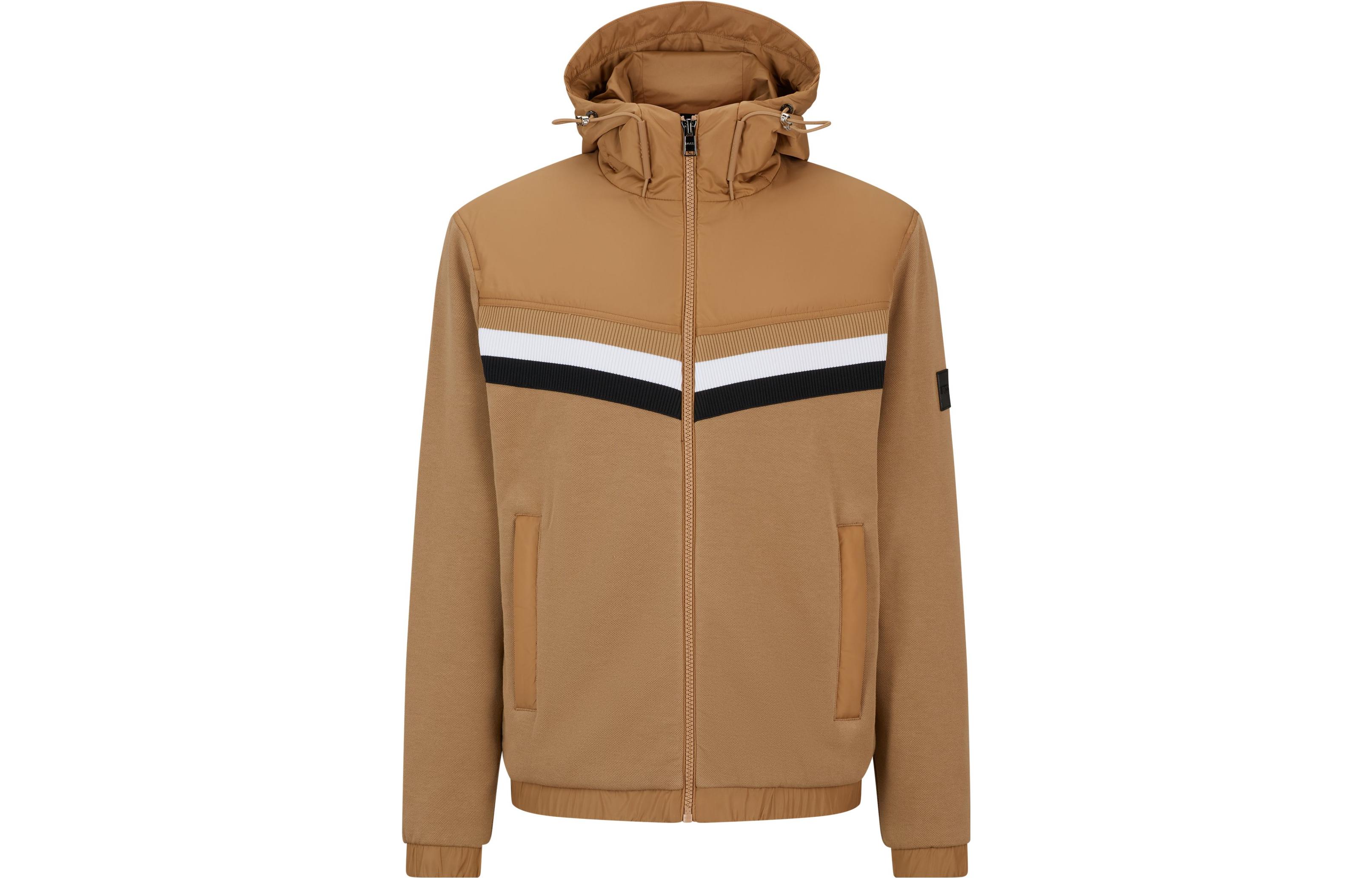 HUGO BOSS FW23 Beige Mixed-Material Zip-Up Hoodie with Signature Stripe Detail 50509136-260
