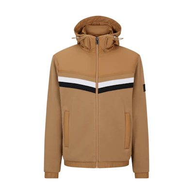 HUGO BOSS FW23 Beige Mixed-Material Zip-Up Hoodie with Signature Stripe Detail 50509136-260