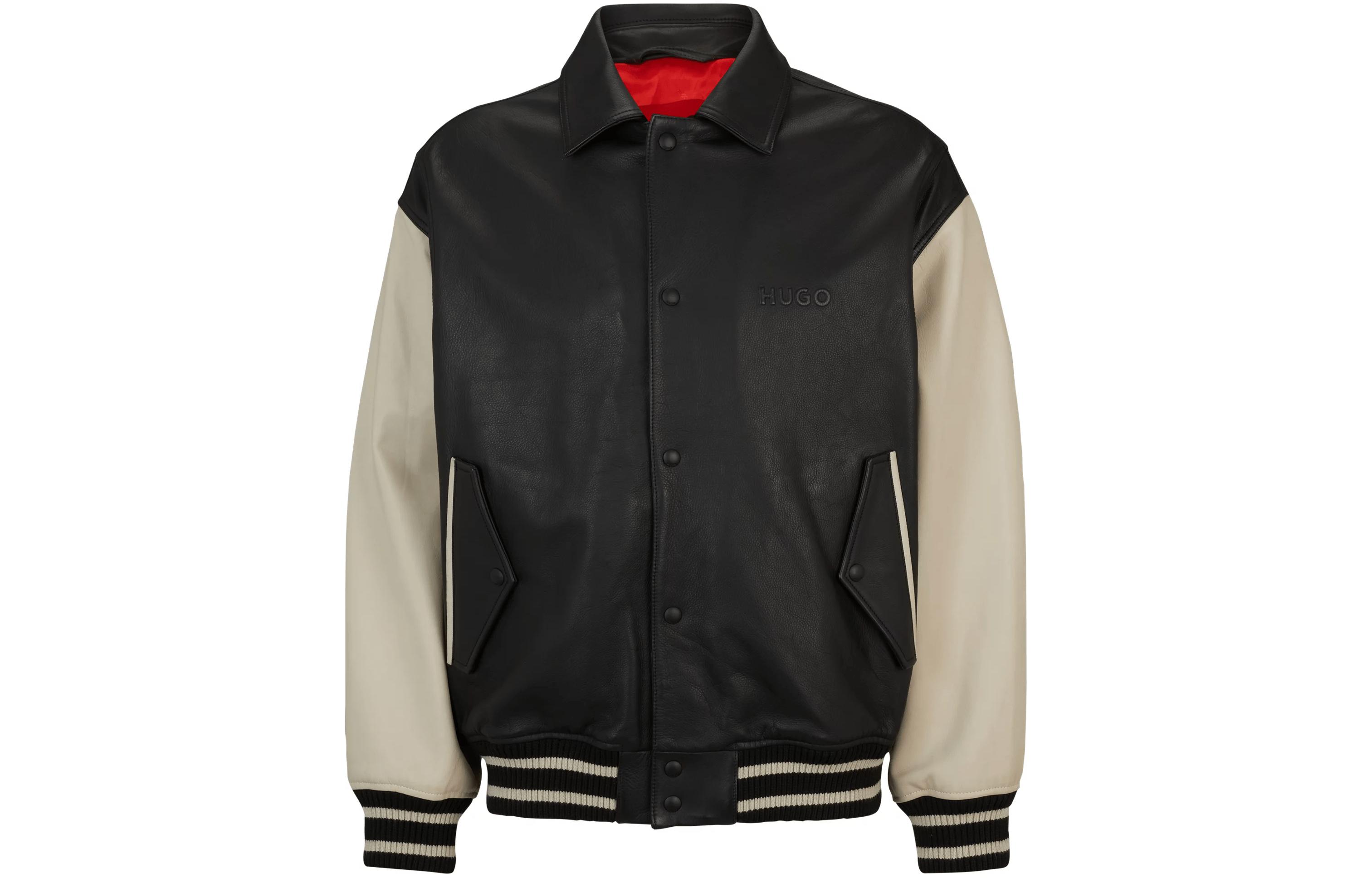 HUGO BOSS FW23 Black Leather Varsity Jacket with Oversized Embossed Logo Men’s 50504408-001 圖 2