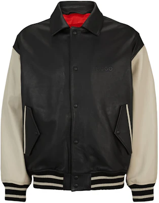 HUGO BOSS FW23 Jaket Kulit Varsity Hitam Logo Timbul Oversize Pria 50504408-001 Order HUGO BOSS FW23 Jaket Kulit Varsity Hitam Logo Timbul Oversize Pria 50504408-001