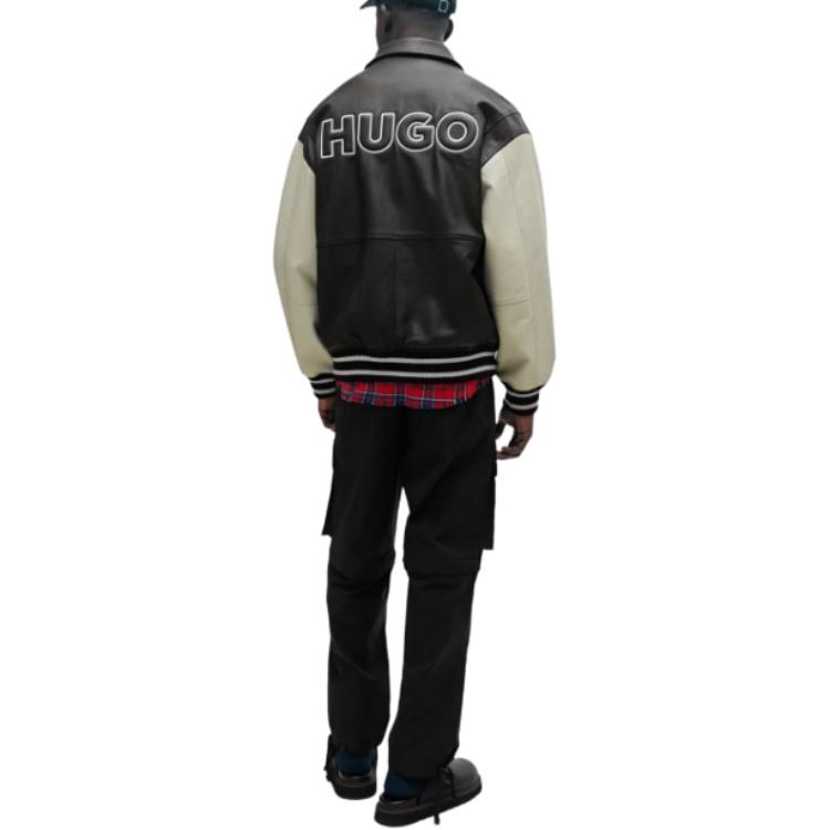 HUGO BOSS FW23 Black Leather Varsity Jacket with Oversized Embossed Logo Men’s 50504408-001 圖 4