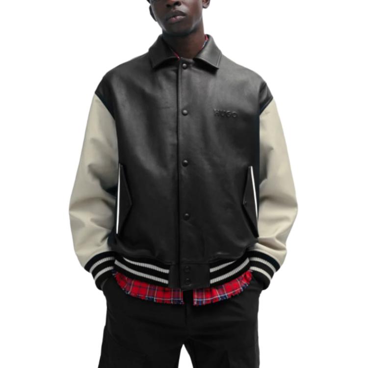 HUGO BOSS FW23 Black Leather Varsity Jacket with Oversized Embossed Logo Men’s 50504408-001 圖 5