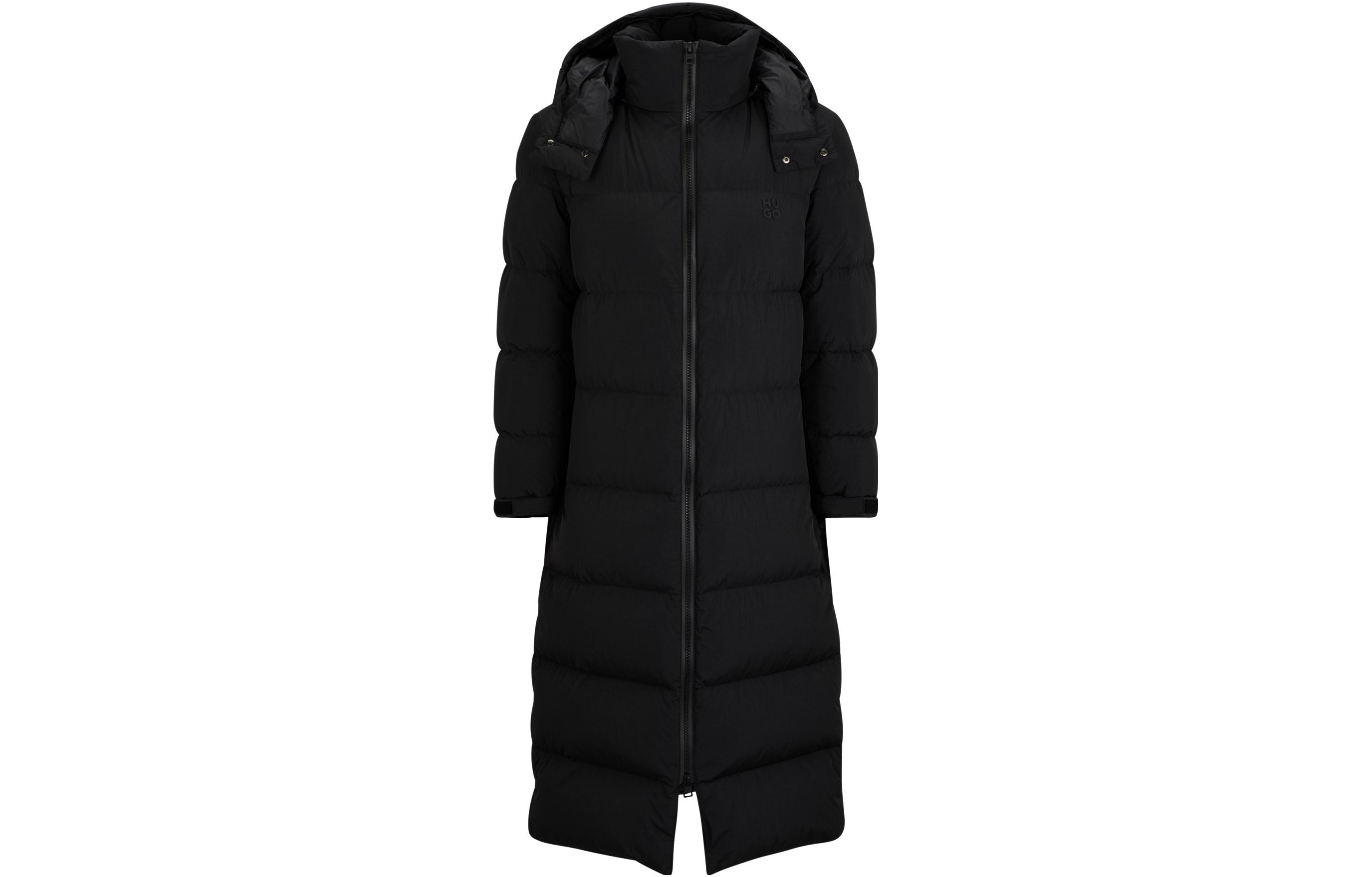 HUGO BOSS FW23 Black Long Down Puffer Coat with Hood & Water-Repellent Finish 50495802-001