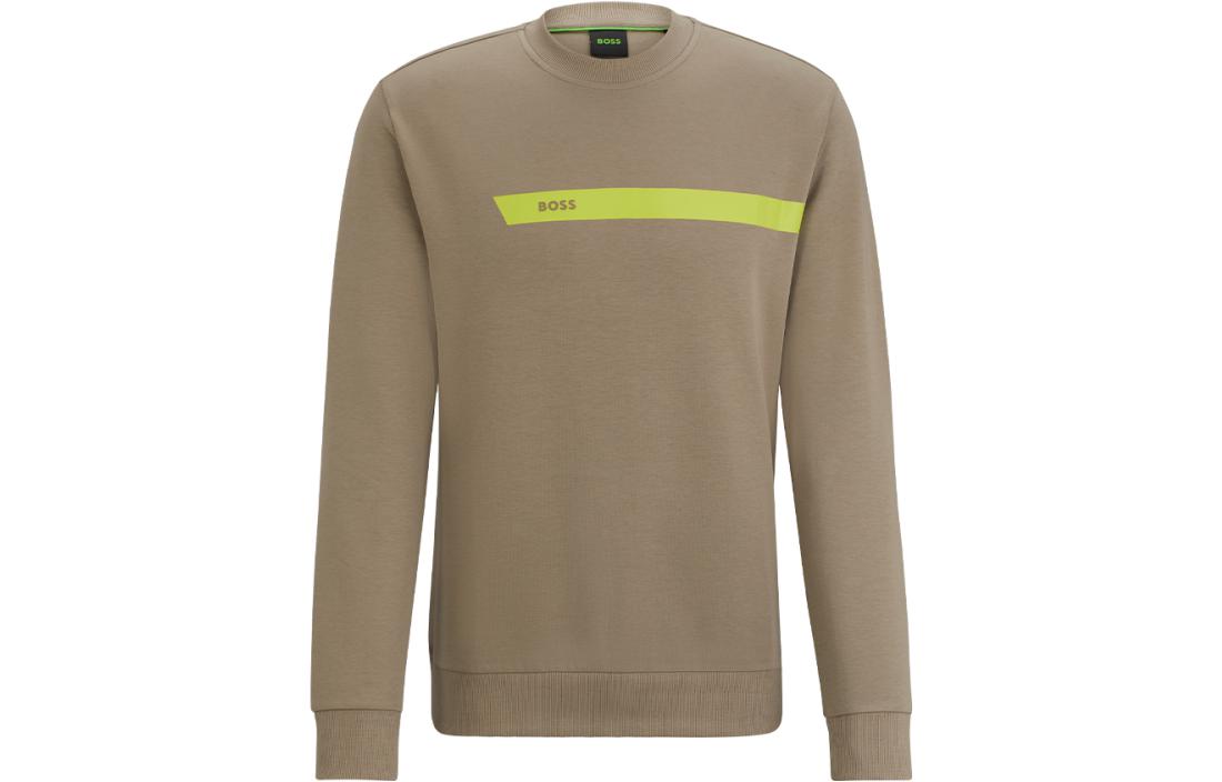HUGO BOSS FW23 Logo Print Striped Cotton-Blend Sweatshirt Men’s Dark Khaki 50498227-334