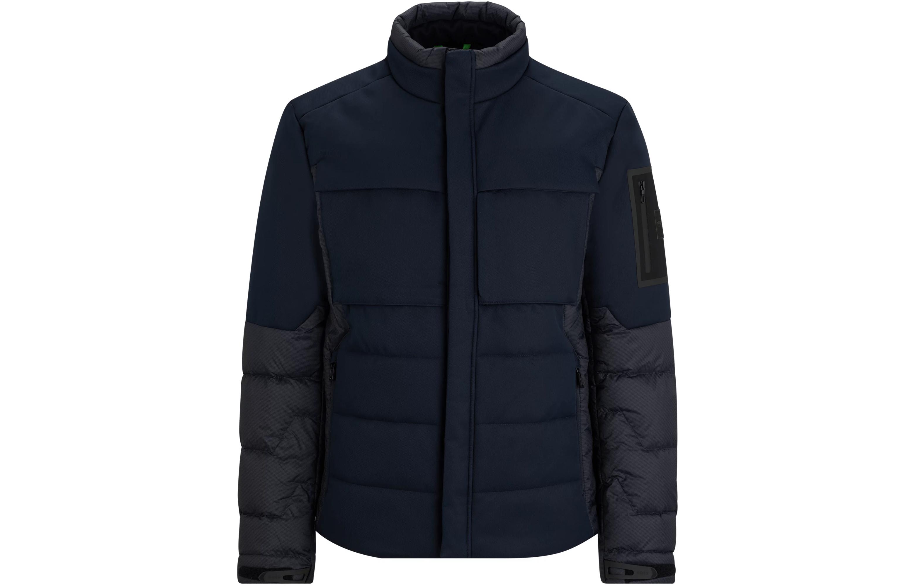 HUGO BOSS FW23 Mixed-Material Down Jacket Navy Blue Full-Zip Jacket 50498918-402