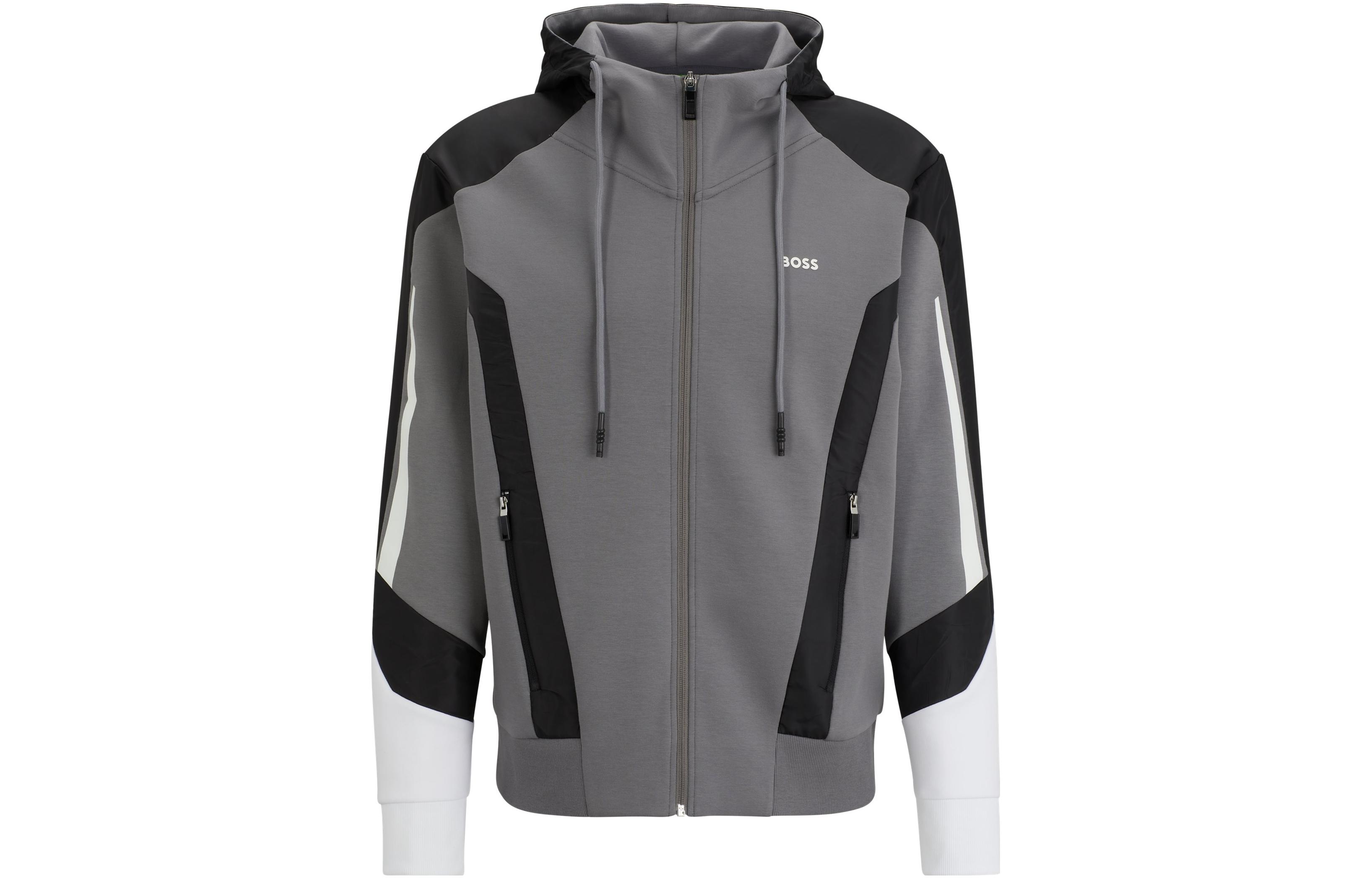 HUGO BOSS FW23 Mixed-Material Relaxed-Fit Zip Hoodie Gray Jacket 50504895-036