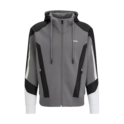 HUGO BOSS FW23 Mixed-Material Relaxed-Fit Zip Hoodie Gray Jacket 50504895-036