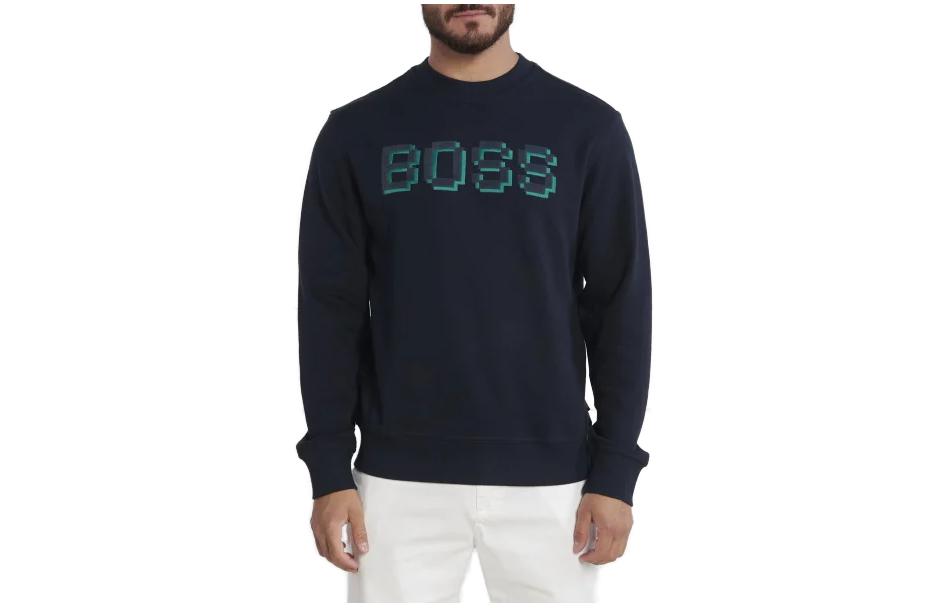 HUGO BOSS FW23 Navy Blue Colorblock Logo Print Crewneck Sweatshirt Men 50499486-404