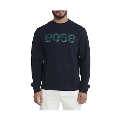 HUGO BOSS FW23 Navy Blue Colorblock Logo Print Crewneck Sweatshirt Men 50499486-404