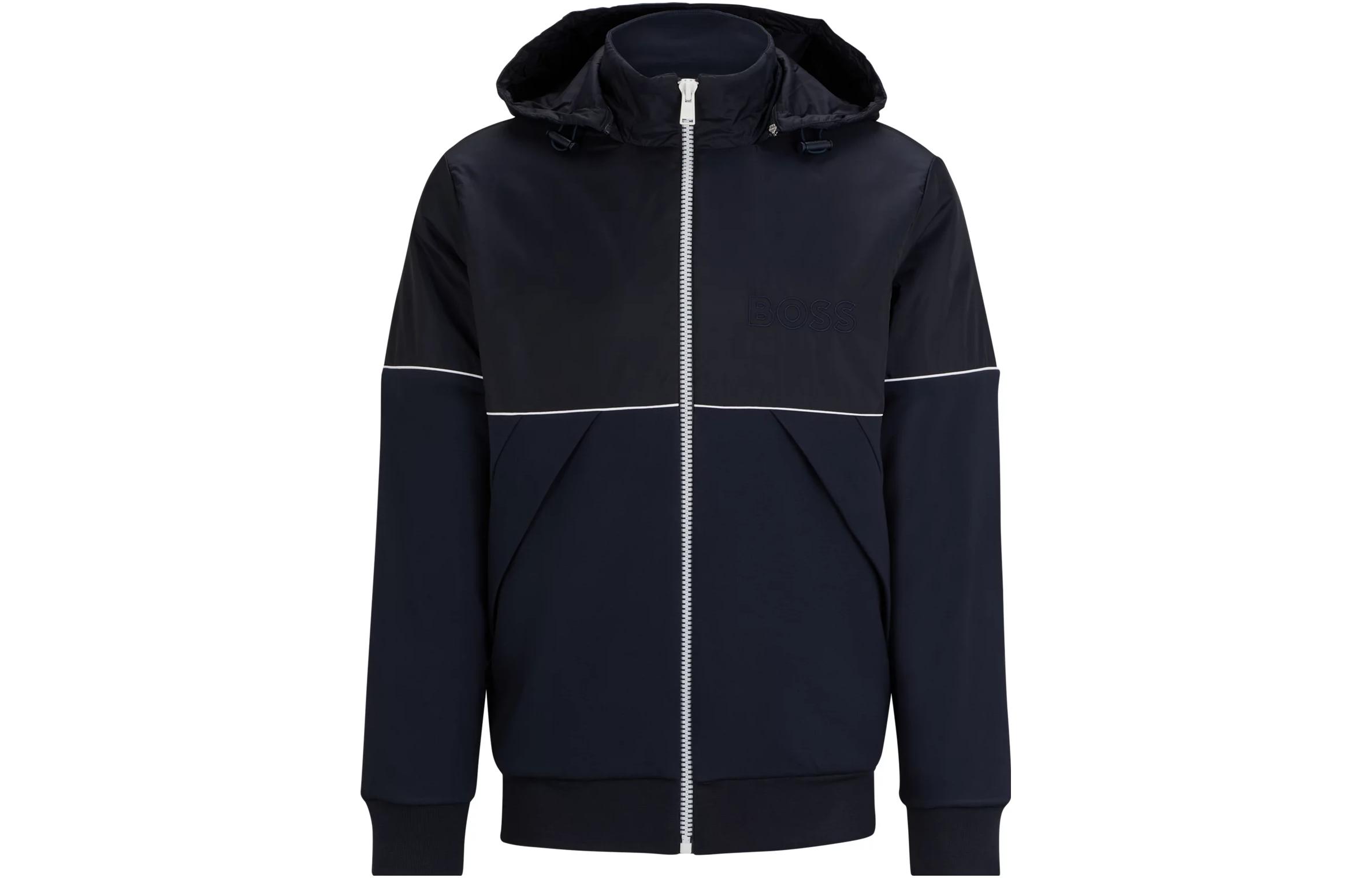 HUGO BOSS FW23 Navy Mixed Material Zip-Up Hoodie with Logo Detail 50507632-404