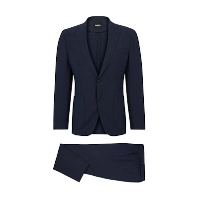 HUGO BOSS FW23 Slim-Fit Checked Virgin Wool Suit Deep Blue. 50509480-404