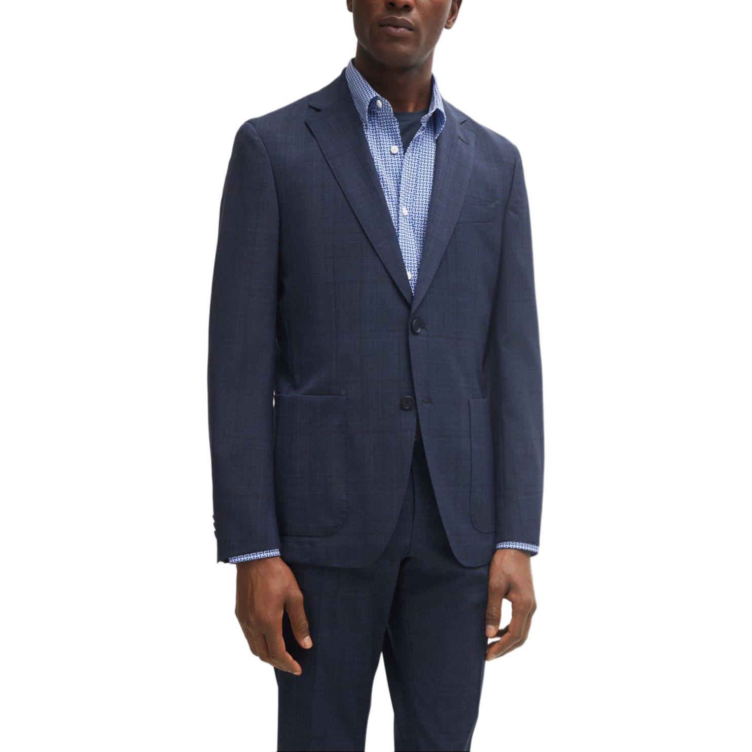 Shop HUGO BOSS FW23 Slim-Fit Checked Virgin Wool Suit  Deep Blue. 50509480-404