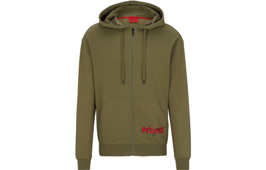 HUGO BOSS FW23 Solid Logo Print Hoodie Fitted Zip-Up Sweatshirt 50496982-345