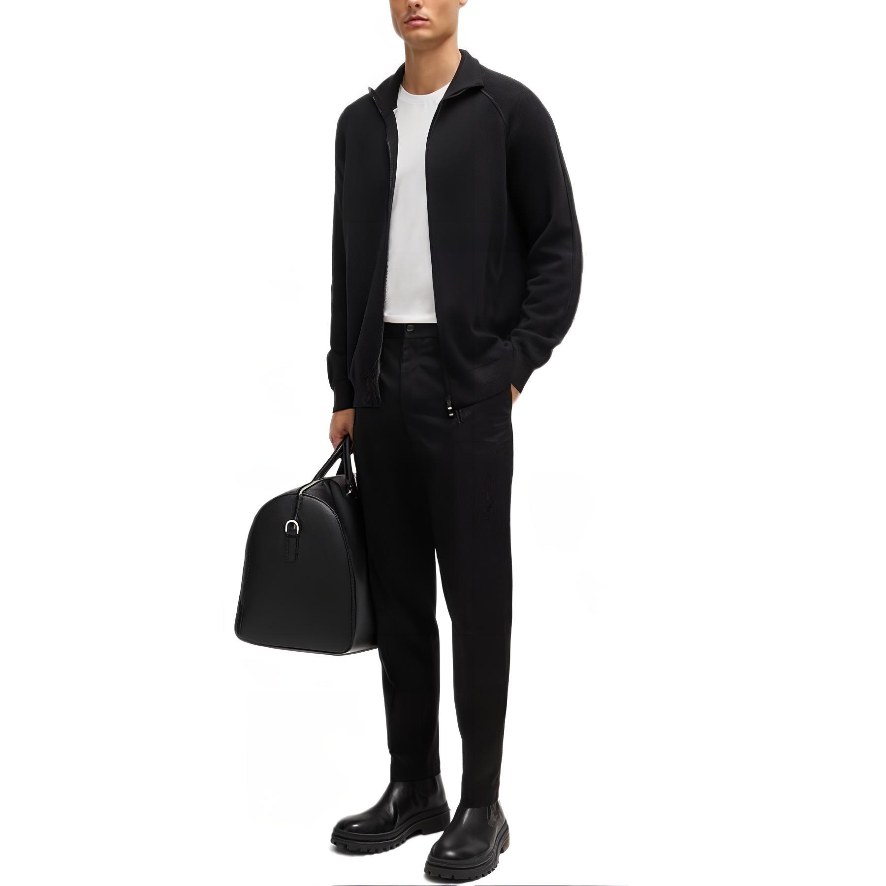 Shop HUGO BOSS FW24 黑色半高領拉鍊針織毛衣 50519629-001