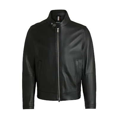 HUGO BOSS FW24 Black Leather Jacket with Zipper Casual Long Sleeve. 50518906-001