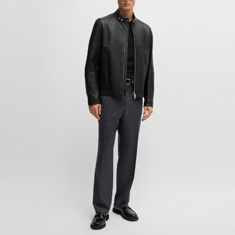 HUGO BOSS FW24  Black Leather Jacket with Zipper Casual Long Sleeve. 50518906-001 圖 3