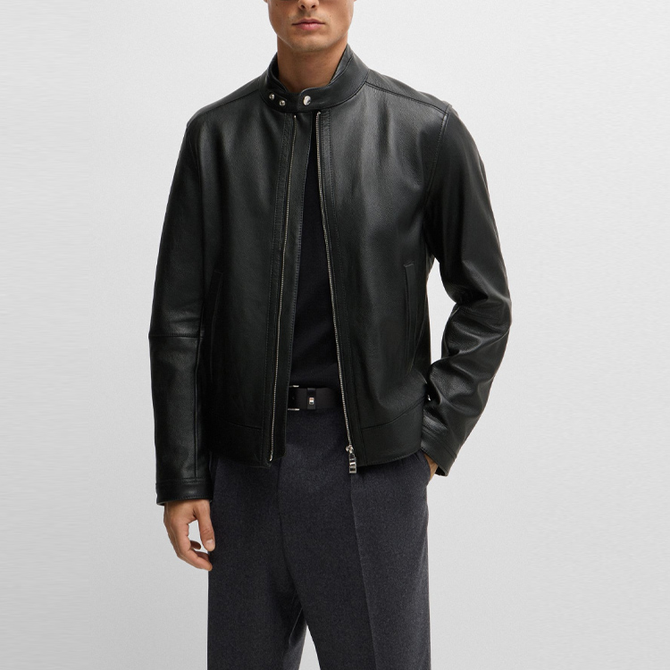 HUGO BOSS FW24  Black Leather Jacket with Zipper Casual Long Sleeve. 50518906-001 圖 4