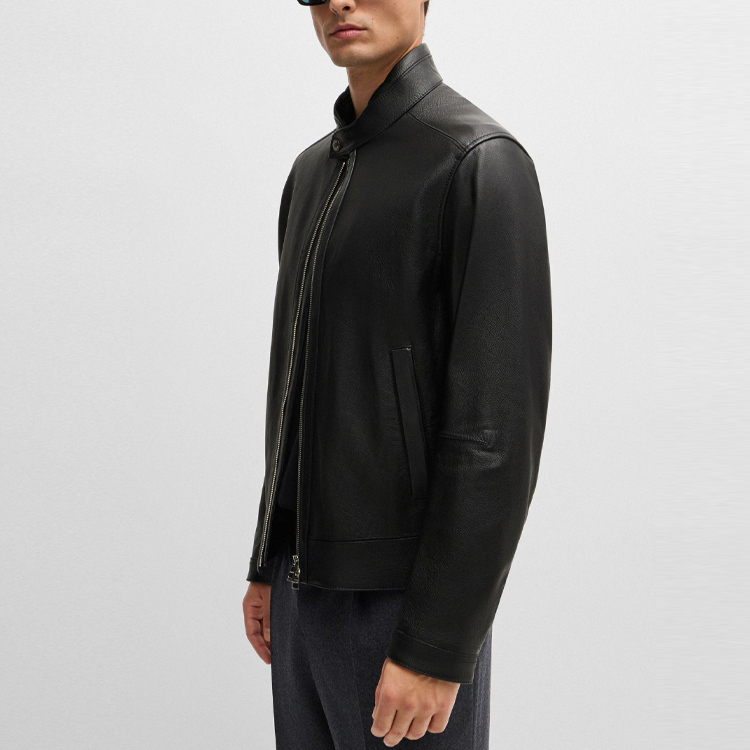 HUGO BOSS FW24  Black Leather Jacket with Zipper Casual Long Sleeve. 50518906-001 圖 6