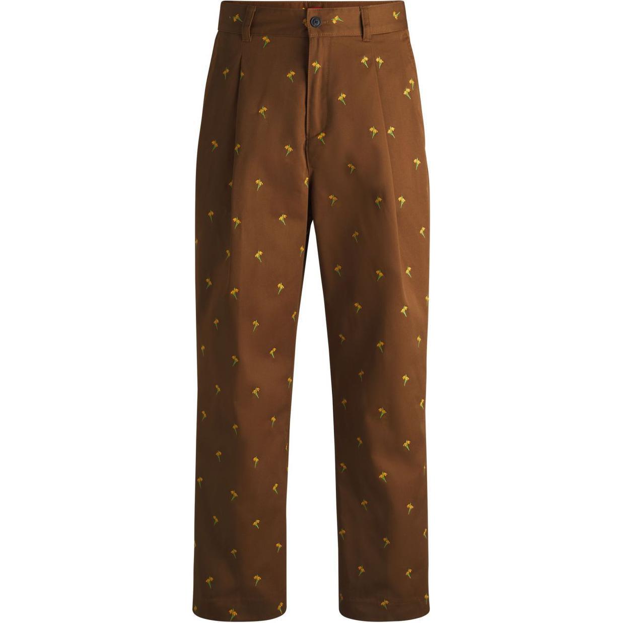 HUGO BOSS FW24  Floral Embroidered Loose Fit Casual Pants Brown. 50520845-212