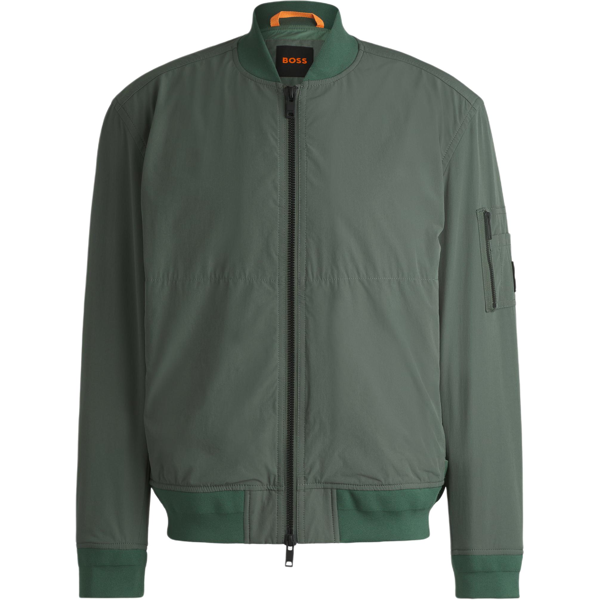 HUGO BOSS FW24  Green Solid Zip-Up Bomber Jacket with Baseball Collar. 50521480-341