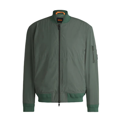 HUGO BOSS FW24 Green Solid Zip-Up Bomber Jacket with Baseball Collar. 50521480-341