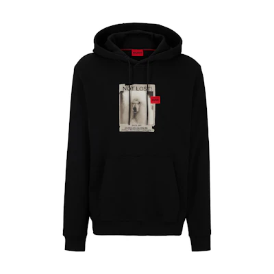 HUGO BOSS FW24 Black Relaxed-Fit Hoodie with Dog Artwork in French Terry 50504846-001