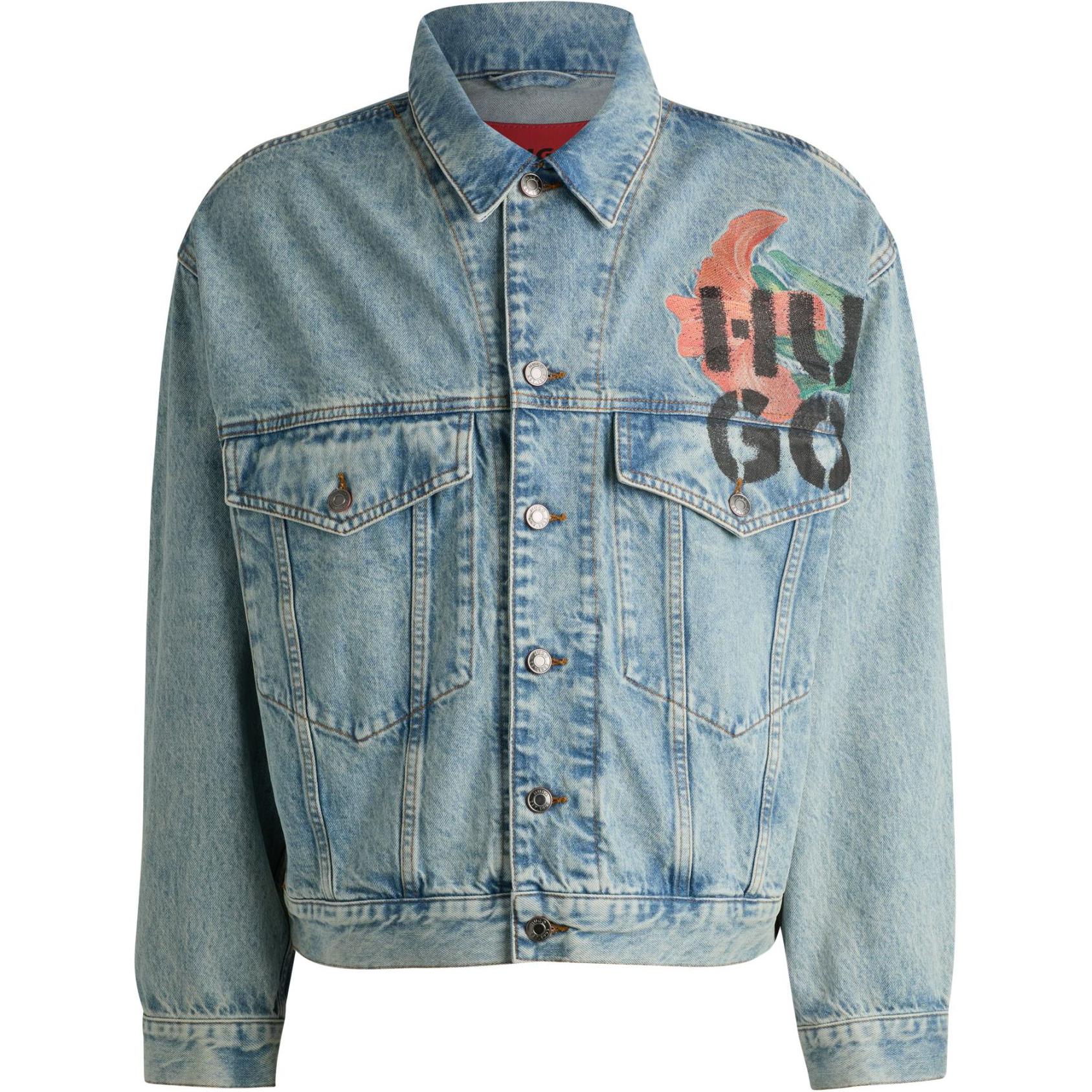 HUGO BOSS FW24 Logo Printed Denim Jacket Men’s Turquoise Blue. 50518013-445