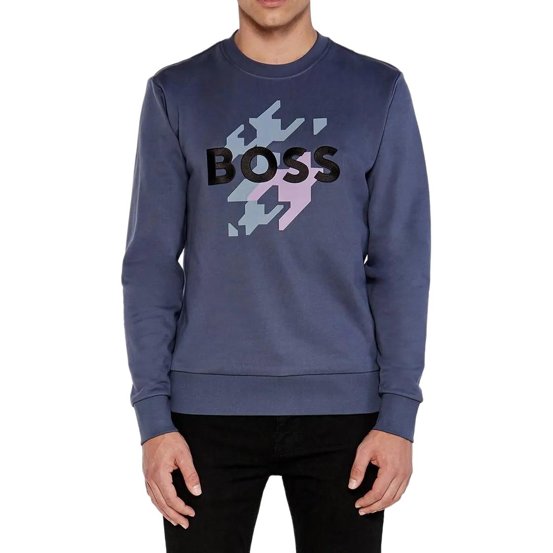 Lookbook HUGO BOSS 男士藍色寬鬆版圖案印花圓領長袖上衣 50521117-412